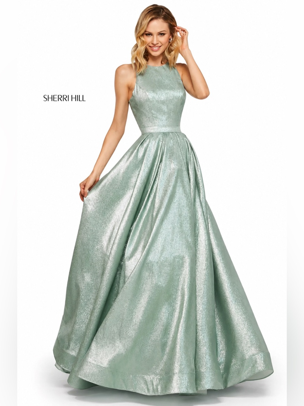 Sherri Hill Metallic Mint Green Halter Ball Gown